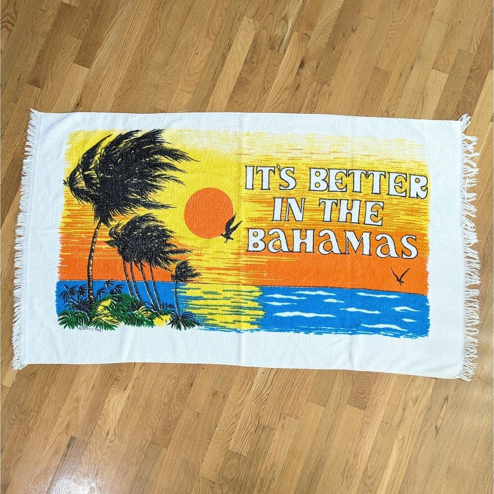 Vintage It's Better In The Bahamas Beach Towel w/ Fringe Cannon Graphic Souvenir